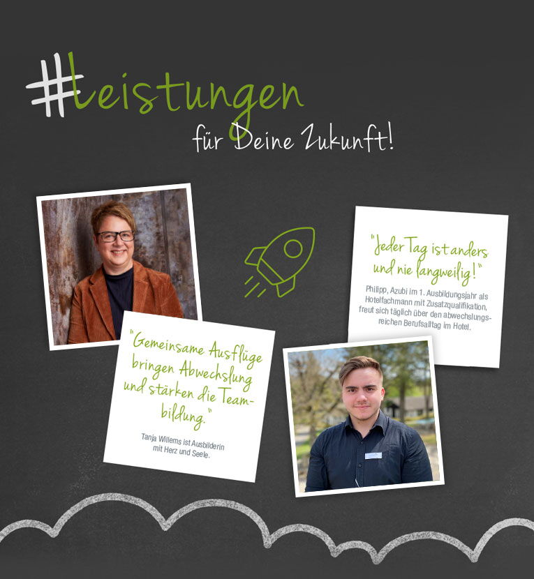 Schiefertafel mit Polaroidfotos und Zitaten der Ausbildungs-Ansprechpartnerin und eines Azubis